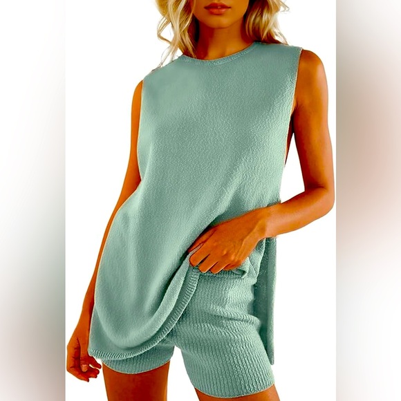 Women's Summer Sweater Set Sleeveless Tunic Top and Shorts 2 Piece Outfit - Picture 1 of 5